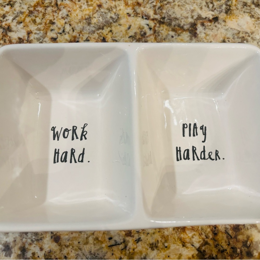 Rae Dunn Artisan Collection White Ceramic Dish “Work Hard / Play Hard”